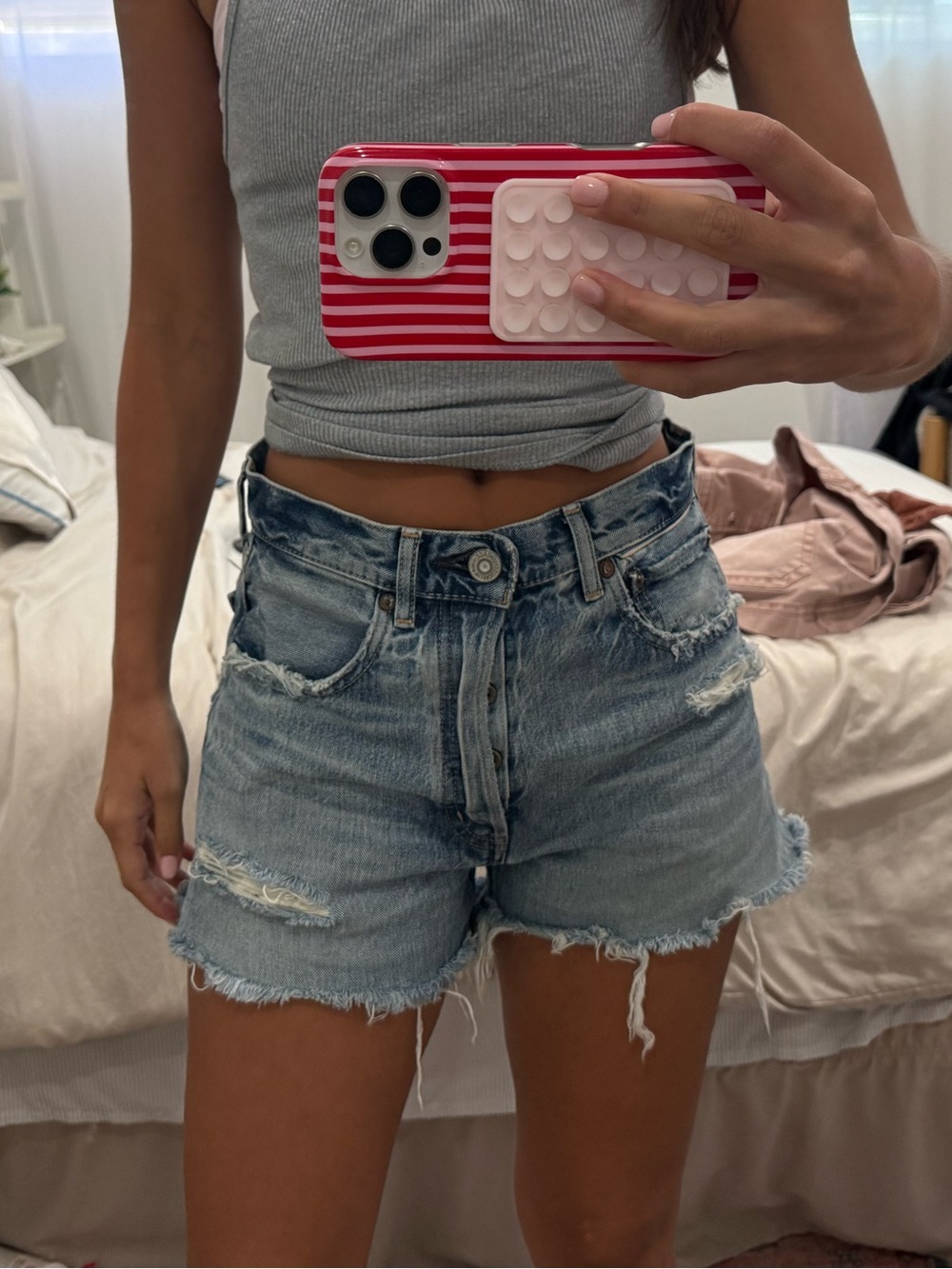 Moussy Light Blue Distressed High-Rise Denim Shorts